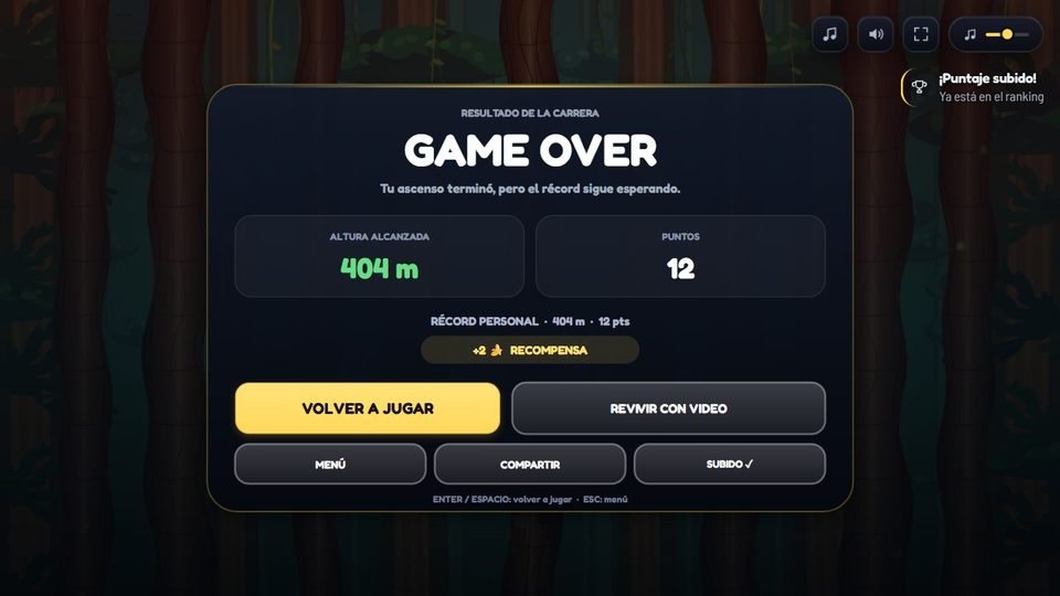 Pantalla de fin de partida con la altura alcanzada, los puntos, la recompensa en bananas y los botones para volver a jugar, revivir con video, compartir y subir el puntaje.