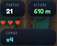 Esquina superior izquierda: puntos, altura en metros y corazones de vida.