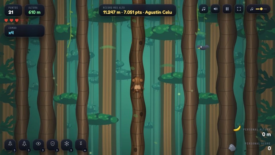 Partida en curso en PC: el mono trepando el tronco, con el marcador de puntos y altura arriba a la izquierda, el récord global arriba al centro y la barra de power-ups abajo a la izquierda.