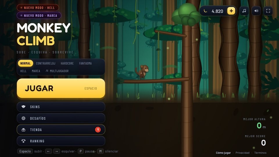 Pantalla de inicio de Monkey Climb Remastered en PC: título arriba a la izquierda, selector de modos, botón JUGAR y debajo la lista de Skins, Desafíos, Tienda y Ranking.