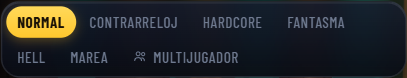 Selector de modos del menú: Normal, Contrarreloj, Hardcore, Fantasma, Hell, Marea y Multijugador.
