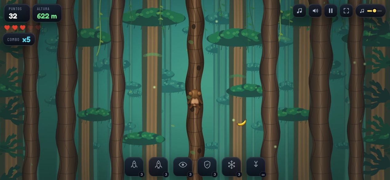 Partida en curso en celular apaisado: el mono trepando el tronco, con el marcador arriba a la izquierda y la barra de power-ups abajo a la izquierda.