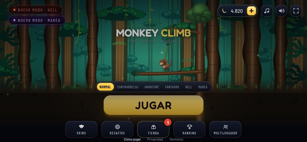 Pantalla de inicio de Monkey Climb Remastered en celular apaisado: título centrado, modos en una fila, botón JUGAR grande y los accesos en una fila horizontal abajo.