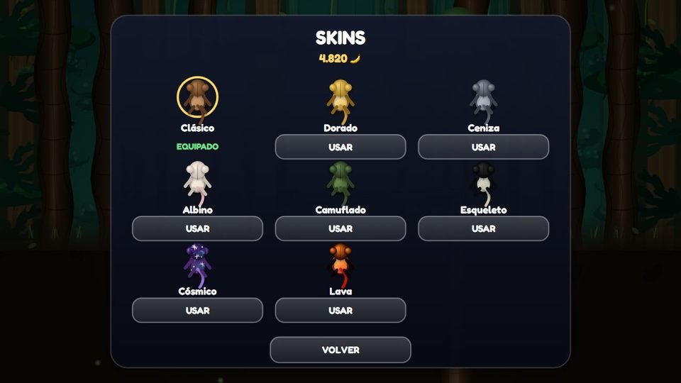 Panel de skins con los ocho monos: Clásico, Dorado, Ceniza, Albino, Camuflado, Esqueleto, Cósmico y Lava.