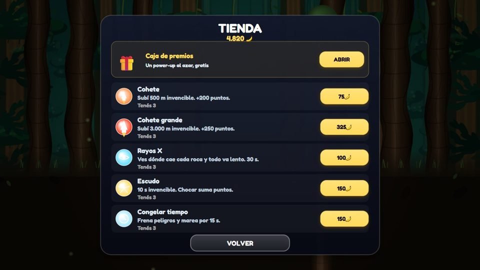Panel de la tienda con la caja de premios arriba y la lista de power-ups comprables con su precio en bananas.